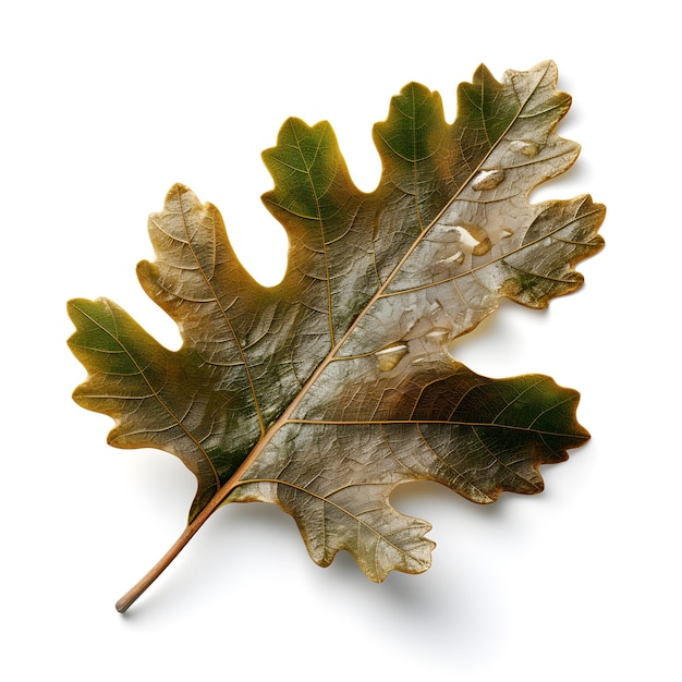 Fall oak leaf with water drops on white background generative ai