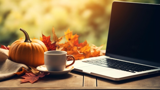 Foto autunno ufficio spazio di lavoro tastiera laptop tazza con vibrazioni d'autunno