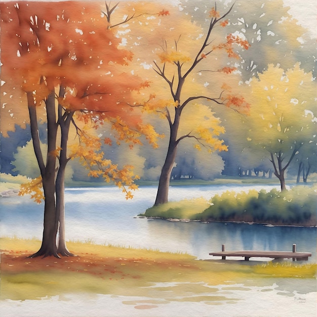 Fall Park Watercolor Painting