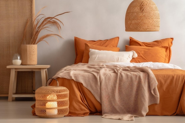 Fall pillow decor orange flat interior home modern design bed lamp Generative AI