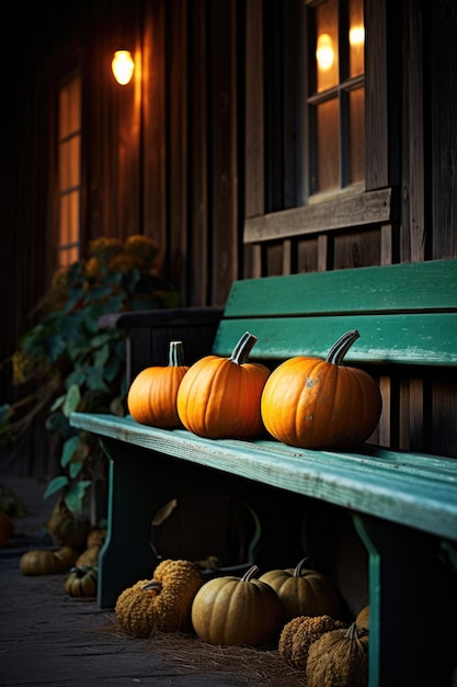 Fall pumpkins on the bench next to farm house Autumn scenery thanksgiving decoration