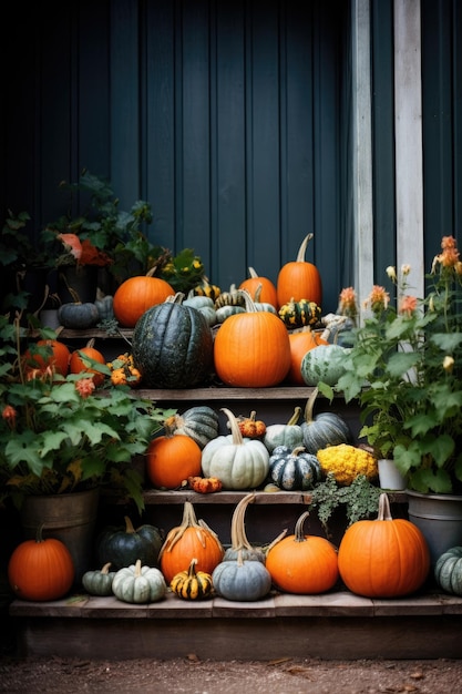 Fall pumpkins on the porch of farm house Autumn scenery