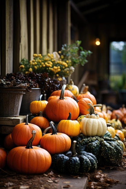 Fall pumpkins on the porch of farm house Autumn scenery