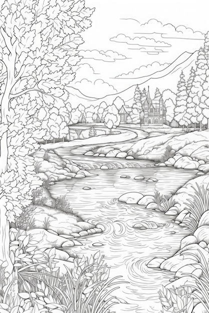 Fall river clean line coloring page for Kids and adults