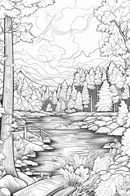 Photo fall river clean line coloring page for kids and adults