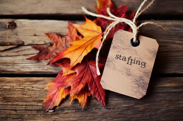 Fall Savings Delight Autumn Leaves on Weathered Grunge Wood Geschenk Tag met de tekst 'Fall Savings'