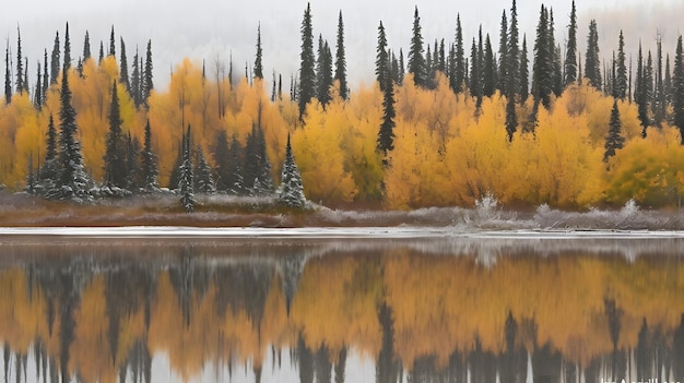 Foto una scena autunnale di alberi e montagne con colori autunnali sullo sfondo.