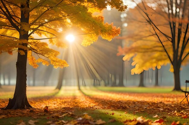 A fall scene with a forest with a sunburst in the background