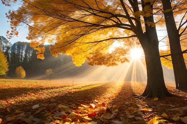 A fall scene with a tree in the foreground and the sun shining through the leaves.