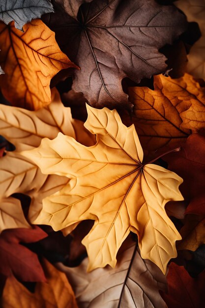 Fall season concept photorealistic fallen leaves closeup created with generative ai