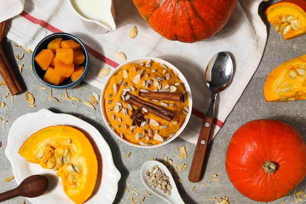 Fall season food concept tasty pumpkin porridge