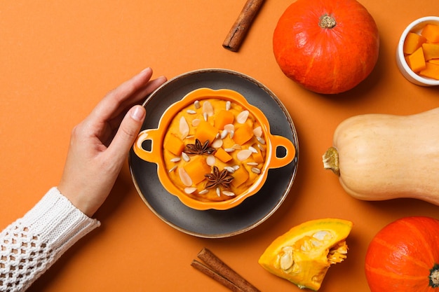 Fall season food concept tasty pumpkin porridge