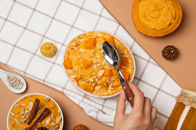 Fall season food concept tasty pumpkin porridge