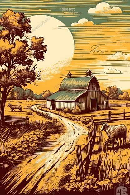 Fall Season Sunny Day Over the Farm in Retro Design