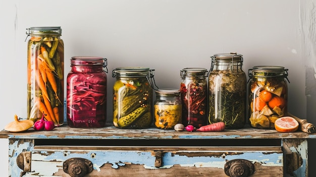 Photo fall seasonal pickled or fermented vegetables in cans lined up above vintage kitchen