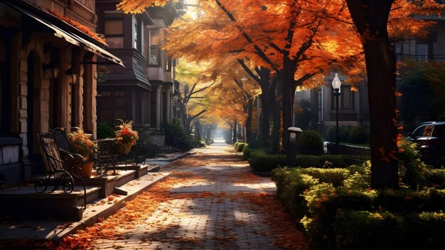 Photo a fall street with red and yellow trees and leaves on the pavement