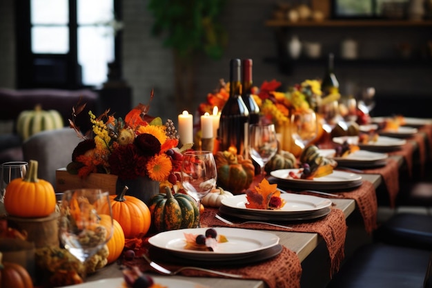 Fall table setting for celebration Thanksgiving or Friendsgiving day family party AI generated