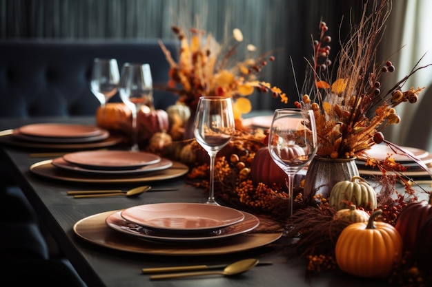 Photo fall table setting for celebration thanksgiving or friendsgiving day family party ai generated