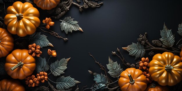 Fall Thanksgiving Halloween pumpkin and dried leaves decorations Top view card background