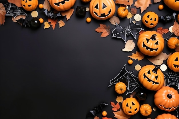 Fall Thanksgiving and Halloween pumpkins leaves acorn squash over dark table background shot from directly above