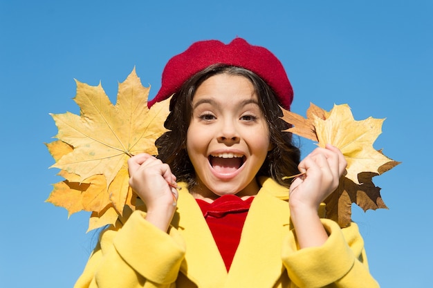 Fall time fashion paris child wear beret beauty of nature french kid in autumn cheerful girl