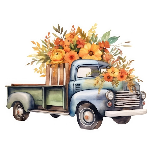 fall truck pumpkin and flowers watercolor clipart On White Background