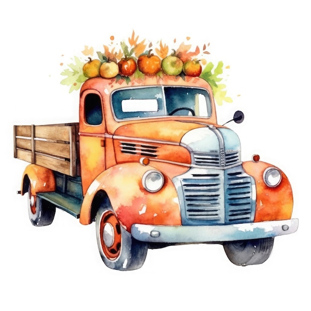 fall truck pumpkin watercolor clipart On White Background