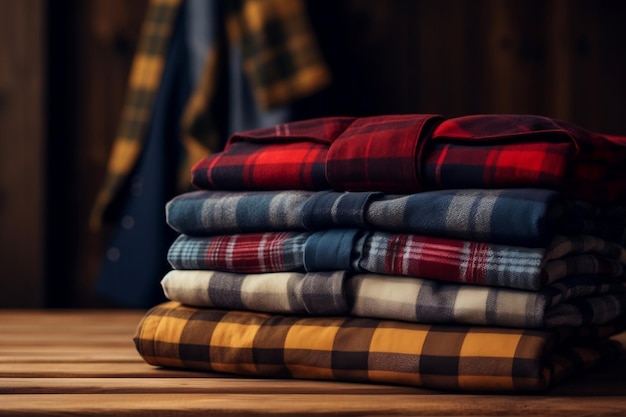 Fall Wardrobe Stack of Flannel Shirts on Wooden Shelf Generative By AI