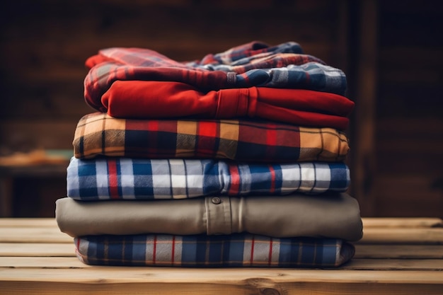 Fall Wardrobe Stack of Flannel Shirts on Wooden Shelf Generative By AI