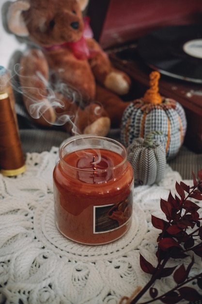 Fall winter cozy mood home day. Cold autumn or winter day. Warming mood. Woman drinking cocoa 