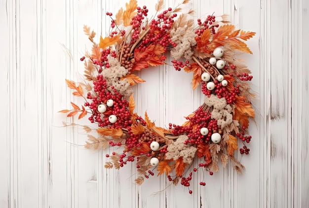 fall wreath on white wooden wall in the style of light red and bronze