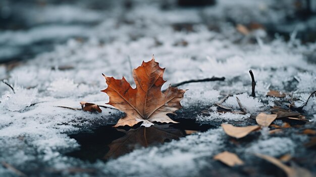 Fallen leaf on the frozen ground