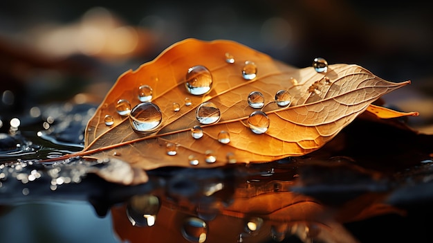 Fallen leaf in shiny water drops