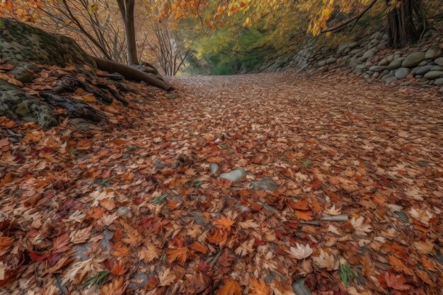 Photo fallen leaves carpeting the ground with pebbles and twigs visible created with generative ai