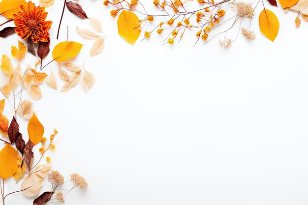 Fallen leaves dry petals dried flowers simple branches orange flower on white Top view flat lay copy