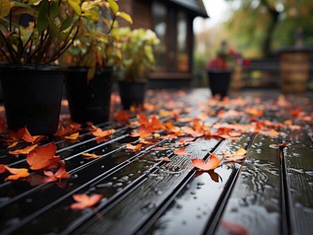 Fallen leaves on a wooden bench in a garden in autumn