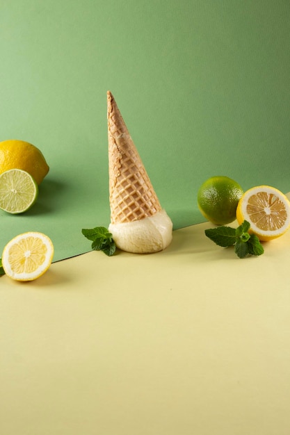 Fallen lemon ice cream in waffle cone on yellow and green background