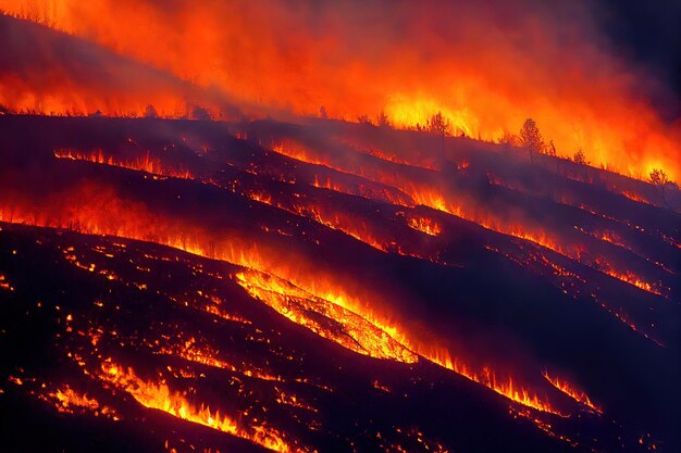 カリフォルニア州の山火事で倒れた丸太が燃える