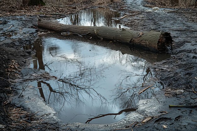 A fallen log over a muddy pond reflecting the bare winter trees and sky