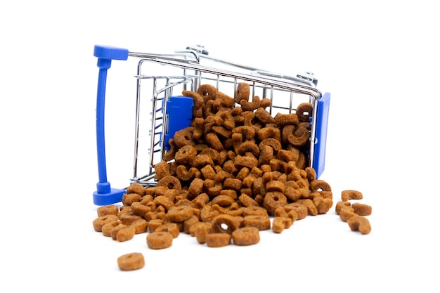 Fallen shopping cart with food for animals, dogs, cats. isolate