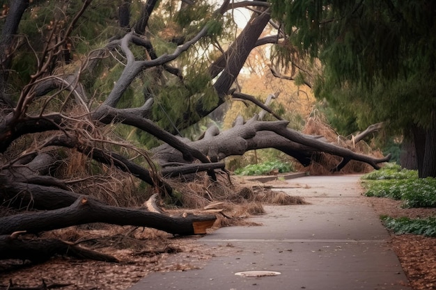 Fallen tree branches scattered across a park pathway created with generative ai