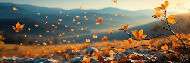 Fallende bladeren in een zachte bries tegen een heldere blauwe lucht