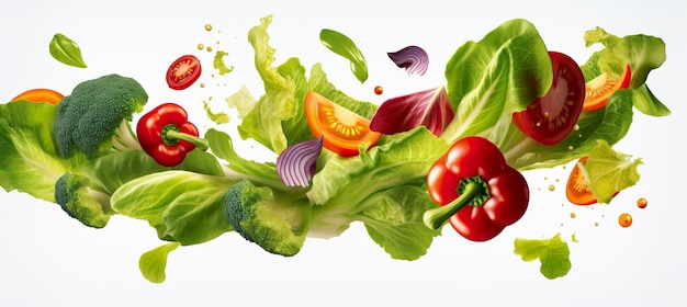 Fallende groenten salade van peper, tomaten en sla bladeren Generatieve AI