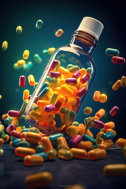 Fallende pillen met een fles geïsoleerd op een witte achtergrond