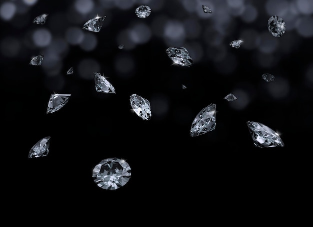 Falling 3D diamonds on black background