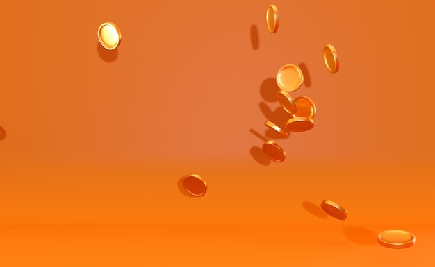 Falling 3d gold shiny coins on orange background rich or casino\
luck concept