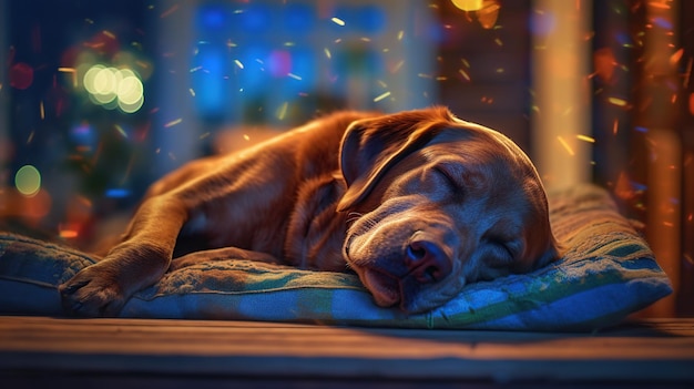 Falling asleep labrador dog on blurred house Generative AI