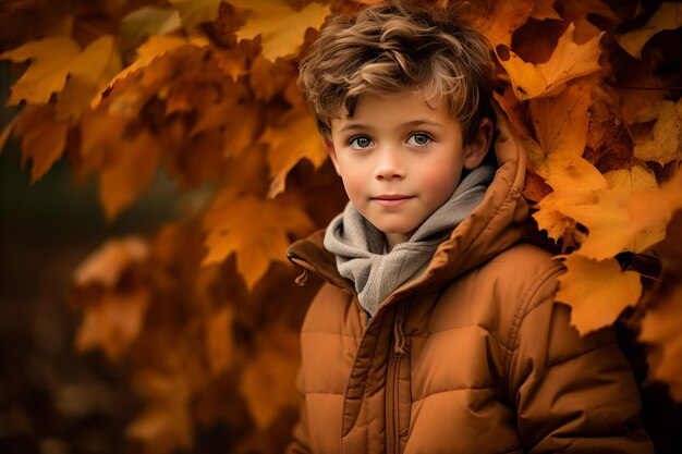 Падение на осень Мальчик среди шумущих листьев