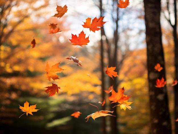 Falling autumn leaves against a forest backdrop