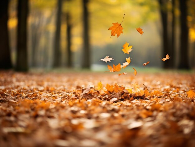 Falling autumn leaves against a forest backdrop